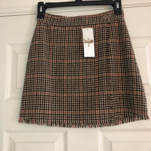 Urban Outfitters Dark Academia Plaid Fringe Wrap Skirt Teryn Fray Houndstooth - Picture 11 of 15